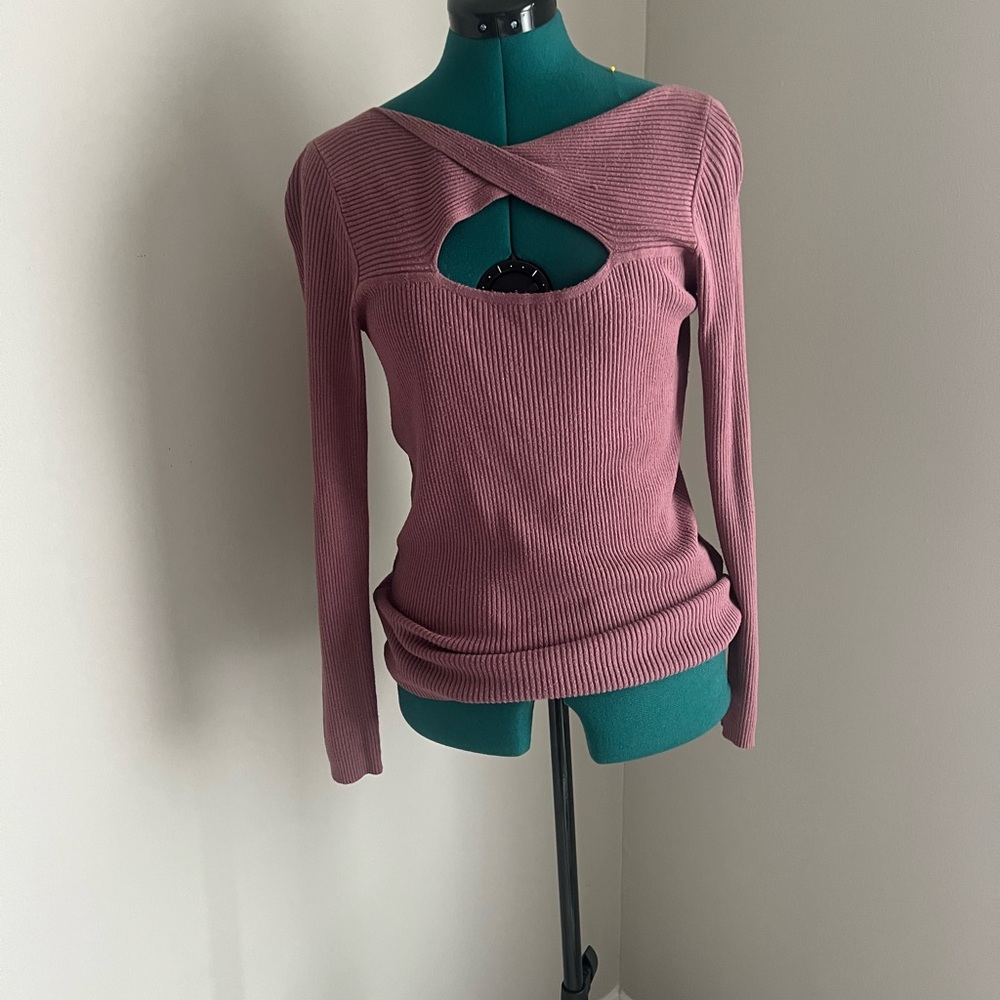 Maurices Dusty Rose Long Sleeve Ribbed Knit Top with Cutout